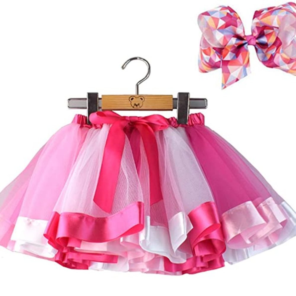 Girls Pink/White Princess Ballet Dance Dress Ruffle Tiered Tutus w/Matching Bow